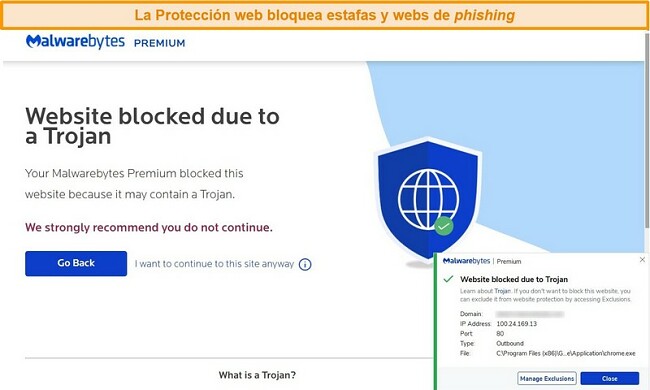 Captura de pantalla de la protecci&oacute;n web de Malwarebytes que bloquea activamente un sitio web que aloja malware