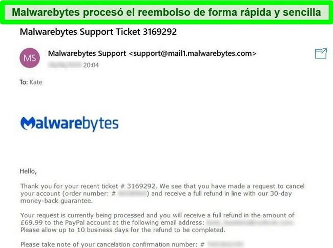 Captura de pantalla del correo electr&oacute;nico de Malwarebytes aprobando un reembolso.