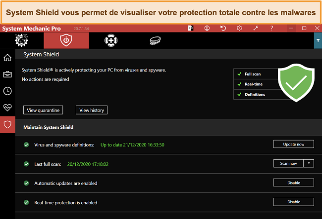 Capture d'&eacute;cran de iolo System Shield analysant la protection contre les logiciels malveillants