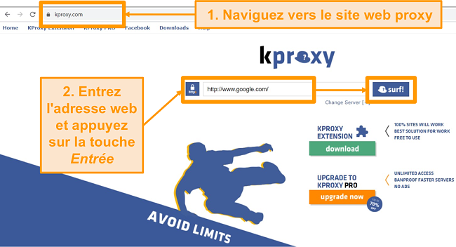 Capture d'&eacute;cran de la page de destination de KProxy
