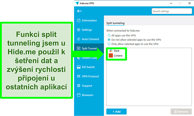 Sn&iacute;mek obrazovky nastaven&iacute; Hide.me zobrazuj&iacute;c&iacute; kartu Split Tunnel.