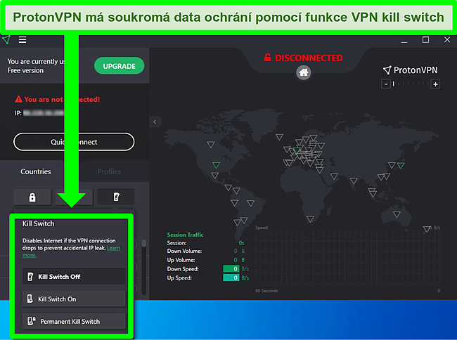 Sn&iacute;mek obrazovky přep&iacute;nače zab&iacute;jen&iacute; Proton VPN.