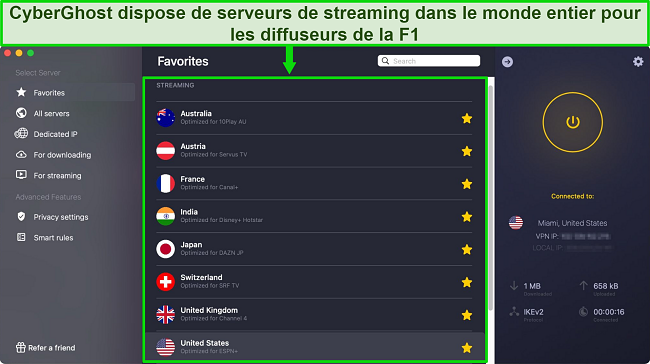 Application CyberGhost affichant des serveurs optimis&eacute;s pour le streaming pour les diffuseurs officiels des Grands Prix de F1