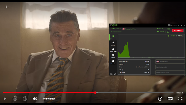 使用IPVanish的美国服务器在Netflix上播放《爱尔兰人》的截图