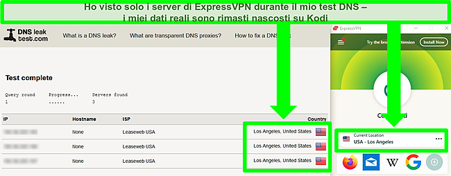 Screenshot di ExpressVPN che supera un test di tenuta DNS mentre &egrave; connesso a un server a Los Angeles.