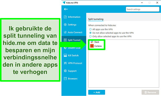 Screenshot van het instellingenscherm van Hide.me met het tabblad Split Tunnel.