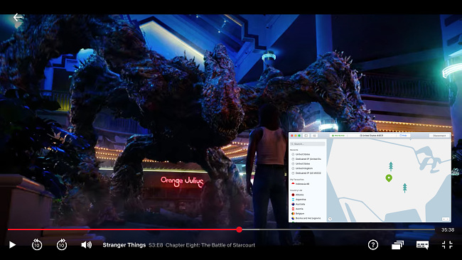 Screenshot of streaming Stranger Things on Netflix with NordVPN connected to a server in the US