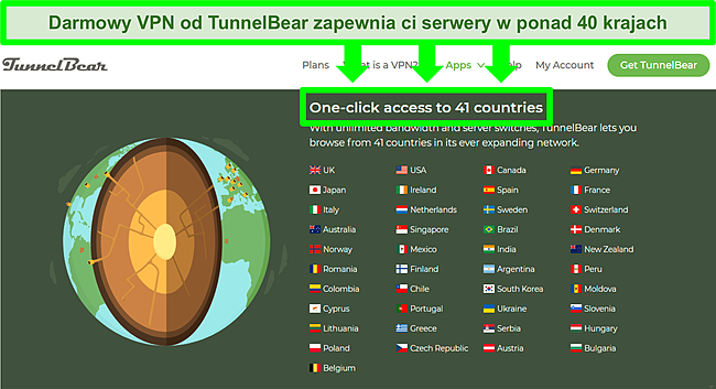 Zrzut ekranu listy serwer&oacute;w ze strony TunnelBear.