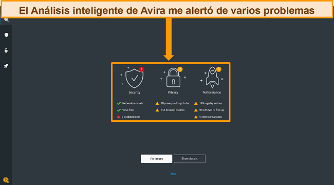 Captura de pantalla de la p&aacute;gina de resultados de Avira Antivirus Smart Scan.