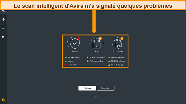 Capture d'&eacute;cran de la page de r&eacute;sultats d'Avira Antivirus Smart Scan.