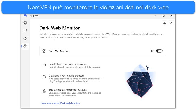 Immagine della funzionalit&agrave; Dark Web Monitor di NordVPN nell'app Windows