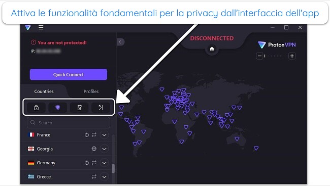 Immagine dell'app Windows di Proton VPN, che evidenzia alcune funzionalit&agrave; di privacy nell'interfaccia principale
