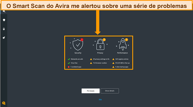 Captura de tela da p&aacute;gina de resultados do Avira Antivirus Smart Scan.