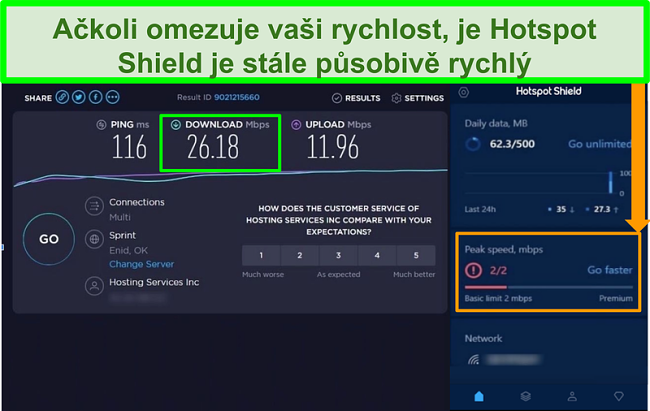 Screenshot v&yacute;sledků testu rychlosti při připojen&iacute; k rozhran&iacute; Hotspot Shield