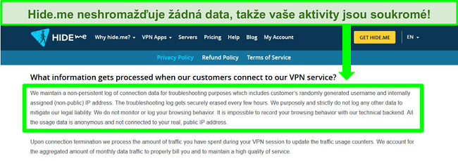 Screenshot z&aacute;sad ochrany osobn&iacute;ch &uacute;dajů Hide.me, kter&yacute; ukazuje, že nejsou uchov&aacute;v&aacute;ny ž&aacute;dn&eacute; protokoly dat