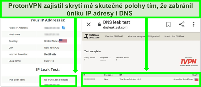 Screenshot testu &uacute;niku DNS a IP adresy, kter&yacute; ukazuje, že při připojen&iacute; k Proton VPN nedoch&aacute;z&iacute; k &uacute;niku IP adresy