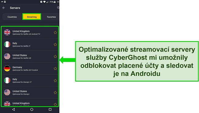 Sn&iacute;mek obrazovky nab&iacute;dky streamovac&iacute;ho serveru CyberGhost na Androidu