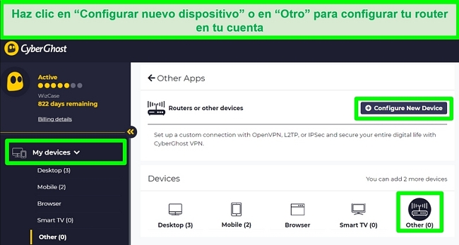 captura de pantalla de las opciones de configuraci&oacute;n del enrutador CyberGhost en la configuraci&oacute;n de la cuenta.