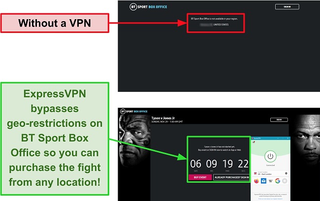 Screenshot of BT Sport Box Office being unblocked using ExpressVPN.