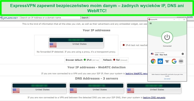 Zrzut ekranu z testu wycieku ExpressVPN z IPLeak.net pokazujący zero wyciek&oacute;w danych.