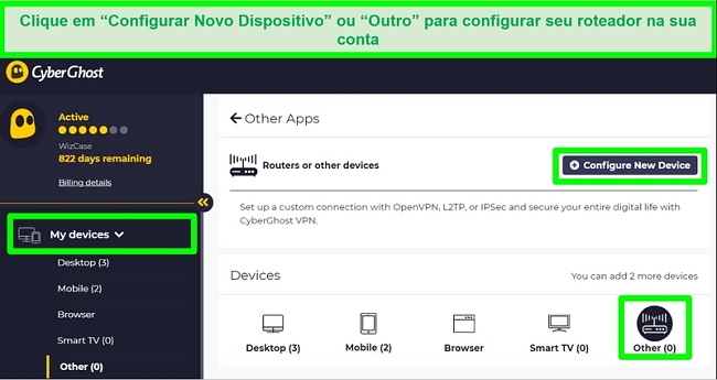 Captura de tela das op&ccedil;&otilde;es de configura&ccedil;&atilde;o do roteador CyberGhost nas configura&ccedil;&otilde;es da conta.