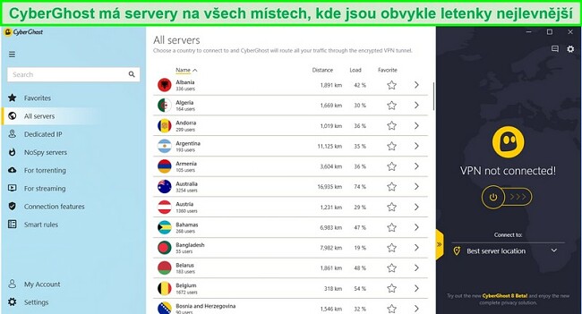 Screenshot ze seznamu dostupn&yacute;ch serverů CyberGhost