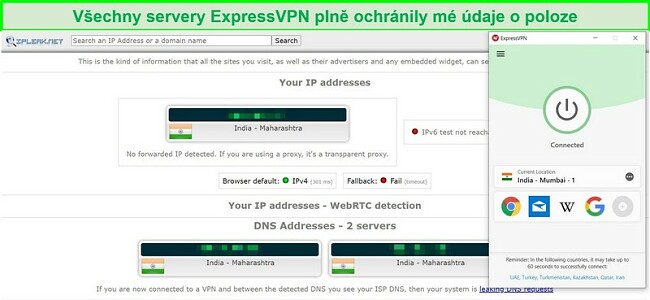 Screenshot z testu &uacute;niku IP a DNS na serveru ExpressVPN v Indii