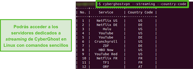 Captura de pantalla de los servidores de transmisi&oacute;n dedicados de CyberGhost en Linux.