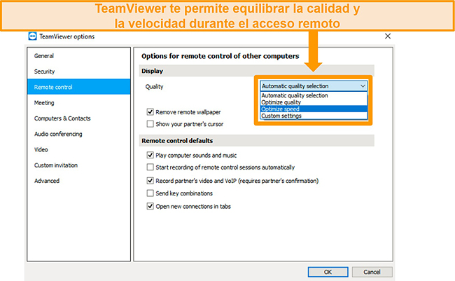 Captura de pantalla de las opciones de acceso remoto de TeamViewer y "Optimizar velocidad" resaltada en el men&uacute; desplegable de selecci&oacute;n de calidad
