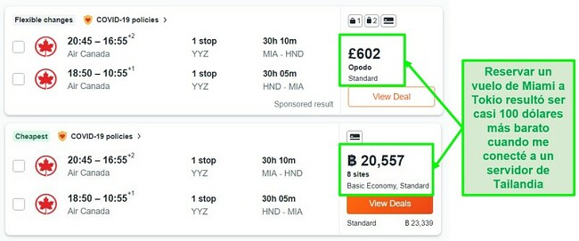 Comparaci&oacute;n de precios de la ruta Miami-Tokio utilizando servidores en el Reino Unido y Tailandia