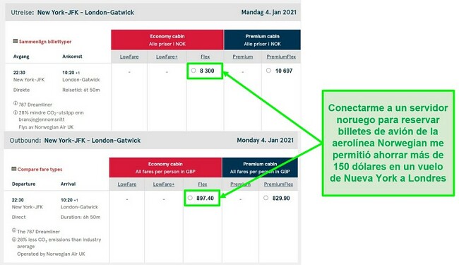 Price comparison of New York-London flights showing differences while connected to servers in Norway and the UK