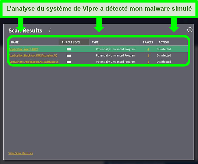 Capture d'&eacute;cran de l'interface Vipre apr&egrave;s une analyse antivirus r&eacute;ussie