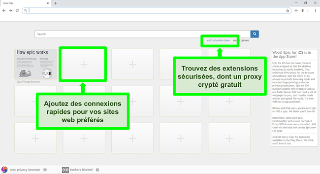 Capture d'&eacute;cran de la page d'accueil du navigateur Epic Privacy avec les fonctionnalit&eacute;s mises en &eacute;vidence