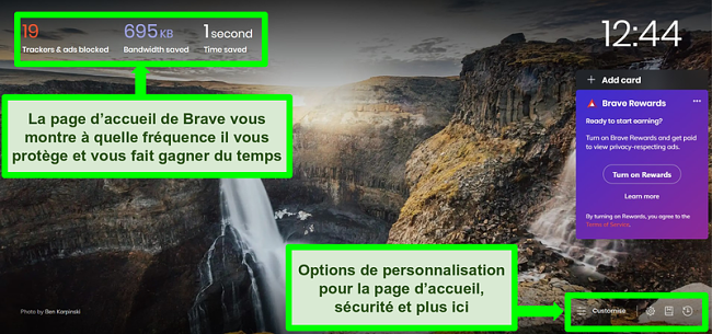 Capture d'&eacute;cran annot&eacute;e de la page d'accueil du navigateur Brave, mettant en &eacute;vidence les fonctionnalit&eacute;s et les param&egrave;tres de personnalisation