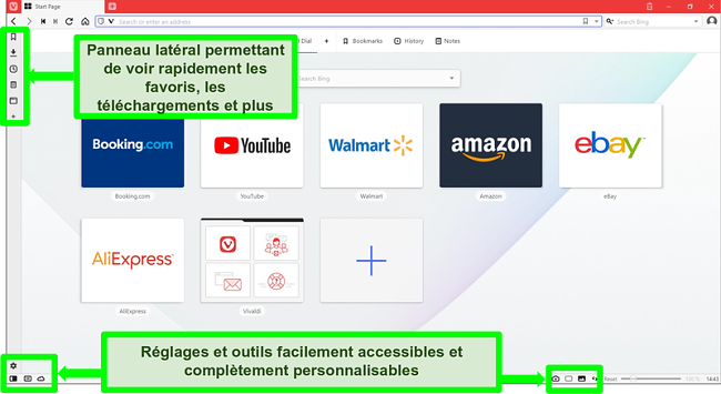 Capture d'&eacute;cran de la page d'accueil de Vivaldi avec certaines fonctionnalit&eacute;s mises en &eacute;vidence et annot&eacute;es