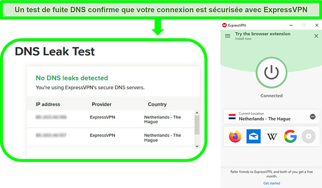 Capture d'&eacute;cran d'un test de fuite DNS alors qu'ExpressVPN est connect&eacute; &agrave; un serveur aux Pays-Bas
