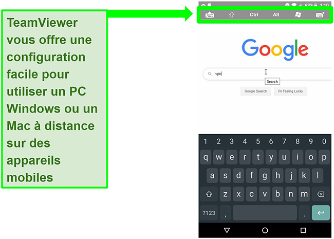 Capture d'&eacute;cran des commandes de l'appareil mobile de TeamViewer naviguant &agrave; distance sur le Web sur un PC