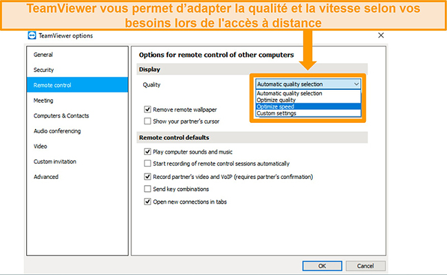 Capture d'&eacute;cran des options d'acc&egrave;s &agrave; distance de TeamViewer et 