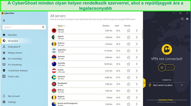 K&eacute;pernyők&eacute;p a CyberGhost el&eacute;rhető szervereinek list&aacute;j&aacute;r&oacute;l