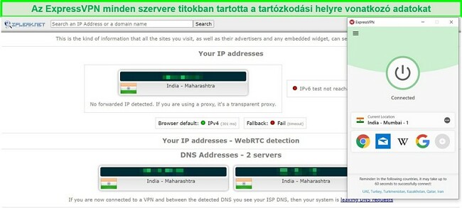 Pillanatk&eacute;p egy IP &eacute;s DNS sziv&aacute;rg&aacute;stesztről az indiai ExpressVPN szerveren