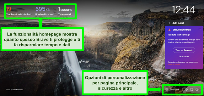 Screenshot con annotazioni della homepage del browser Brave, che evidenzia le funzionalit&agrave; e le impostazioni di personalizzazione