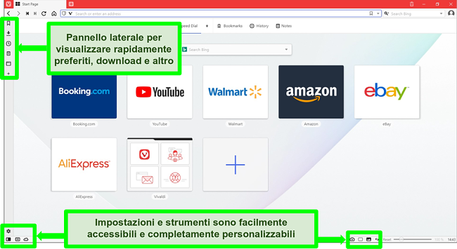 Screenshot della homepage di Vivaldi con alcune funzionalit&agrave; evidenziate e annotate