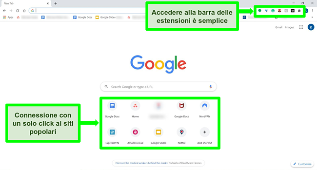 Screenshot della home page di Google Chrome con alcune funzionalit&agrave; evidenziate