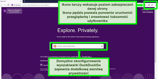 Zrzut ekranu strony gł&oacute;wnej przeglądarki Tor z podświetlonymi ikonami i funkcjami wyszukiwarki