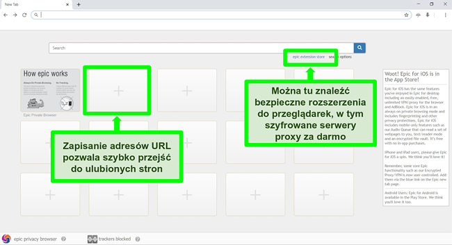 Zrzut ekranu strony gł&oacute;wnej Epic Privacy Browser z wyr&oacute;żnionymi funkcjami