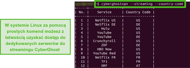 Zrzut ekranu dedykowanych serwer&oacute;w strumieniowych CyberGhost w systemie Linux.