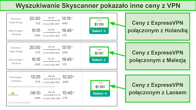 Skyscanner zmieniał ceny lotu do Amsterdamu, gdy ExpressVPN łączył się z r&oacute;żnymi serwerami