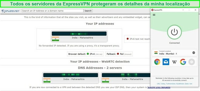 Captura de tela de um teste de vazamento de IP e DNS no servidor ExpressVPN na &Iacute;ndia