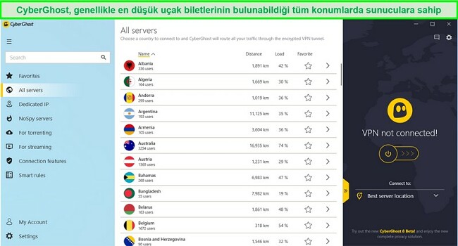 CyberGhost'un kullanılabilir sunucular listesinin ekran g&ouml;r&uuml;nt&uuml;s&uuml;