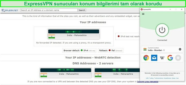 Hindistan'daki ExpressVPN sunucusunda bir IP ve DNS sızıntı testinin ekran g&ouml;r&uuml;nt&uuml;s&uuml;